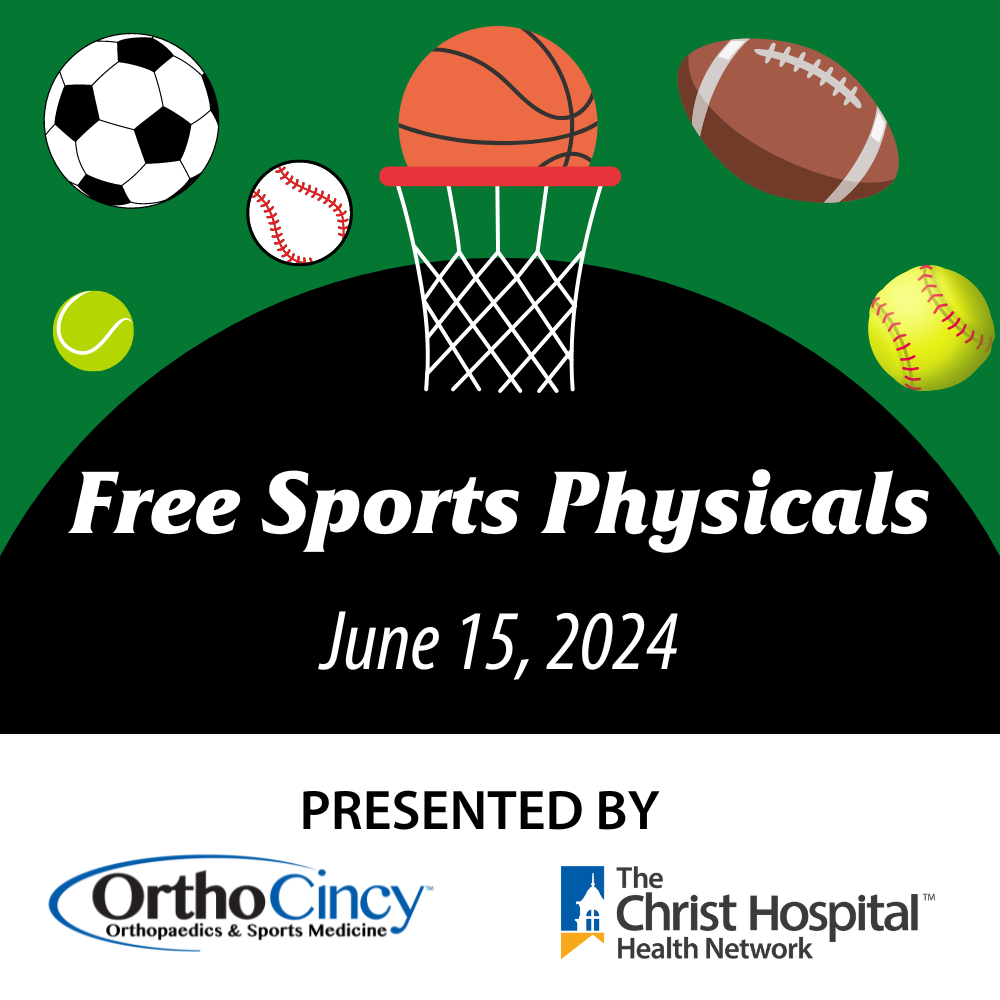 Graphic that says Free Sports Physicals June 15, 2024 Presented by OrthoCincy and The Christ Hospital with various sports balls